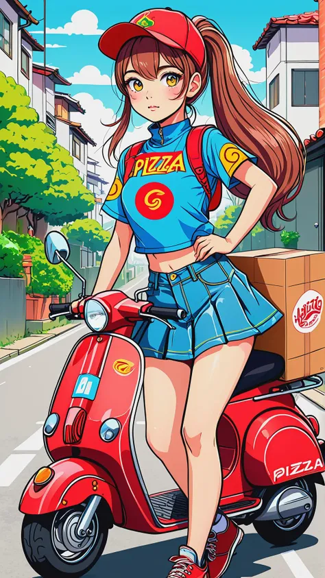 Anime, pizza delivery girl on a scooter, detailed face, symmetry eyes and iris, long ponytail hair, costume, full body, cowboyshot, flat colors, kawaii, ink paint line art, vector art, thick lines, bold lines, (line art:1.4), best quality, colorful, masterpiece, sharp focus, high resolution,