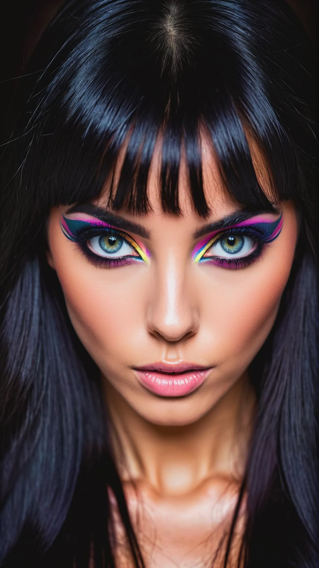 RAW photo of a woman Mara Moseta, long black hair, makeup, symmetry eyes and iris, aesthetic, depth of field, noir, high contrast, colorful, photograph poster, hyper detailed, cinematic lighting, soft shadows, sharp focus, best quality, ISO 100, 16K resolution.