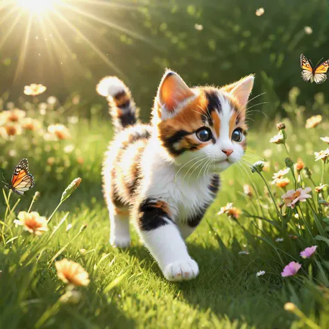 a perfect 3d render of a calico kitten playing in a field, chasing butterflies, beautiful sunlight,