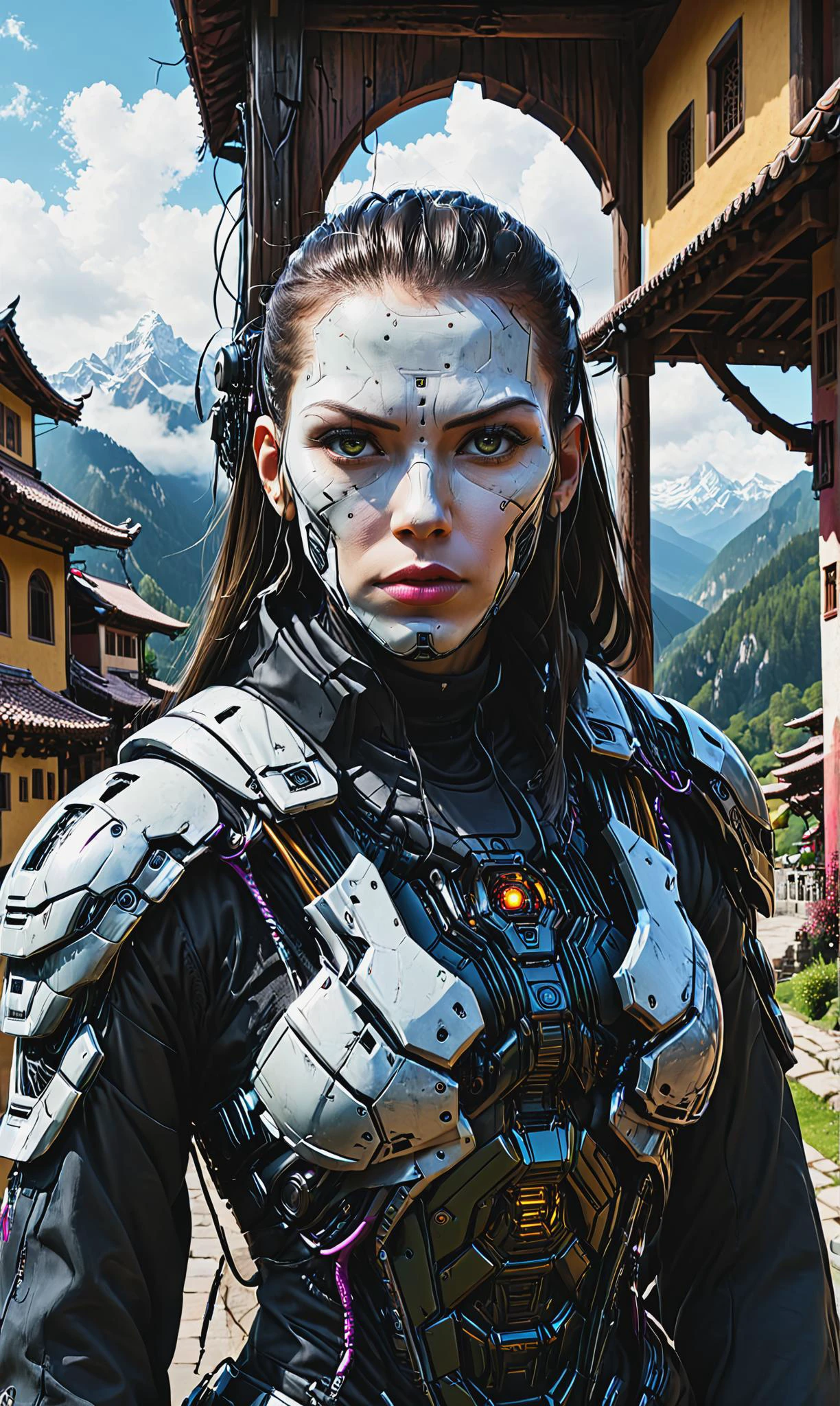 Detailed digital portrait of a <lora:CyberPunkAIp:0.7> cyberpunkai cyborg at a Serene monastery hidden in mountains, <lora:xl_more_art-full_v1:0.4>, <lora:cine:0.7> cin3, Ambient occlusion, <lora:Dark_Novel:0.7>