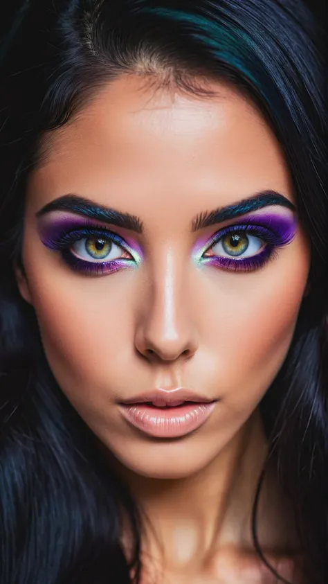 RAW photo of a woman Mara Moseta, long black hair, makeup, symmetry eyes and iris, aesthetic, depth of field, noir, high contrast, colorful, photograph poster, hyper detailed, cinematic lighting, soft shadows, sharp focus, best quality, ISO 100, 16K resolution.