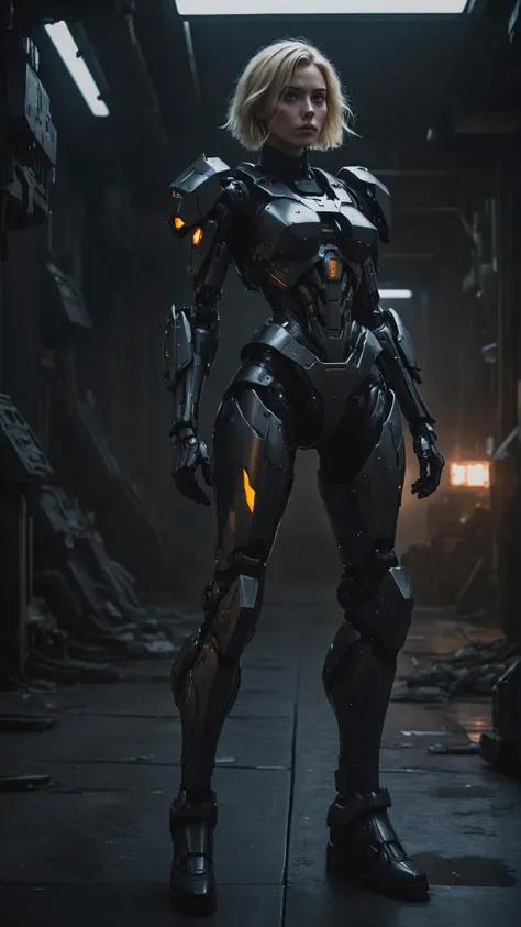 Full body, a heroic blonde woman in the dark, mecha, huge in background, sci-fi armor, black matte angular armor, Bladerunner 2049, dynamic, ISO 100, 55mm lens, 16k.