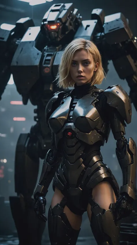 Full body, a heroic blonde woman in the dark, mecha, huge in background, sci-fi armor, black matte angular armor, Bladerunner 2049, dynamic, ISO 100, 55mm lens, 16k.