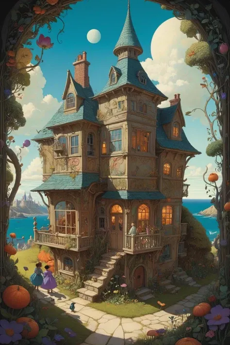full frame shot, a fussy house with windows and stuff on it's side and people inside, Daniel Merriam, fairy tale illustration, a storybook illustration, art, magical deep shadows, ultra-realism