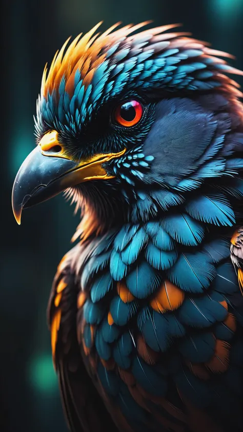 Cyberpunk Bird Portrait Intricate Details, Perfect Composition, High Contrast, Atmospheric, Moody, Raw photo, realistic, cinematic lighting, soft shadows, sharp focus, fractal, colorful, depth of field, best quality, 16k resolution,