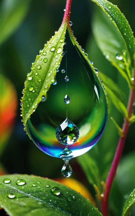 Imagine a close-up scene of a crystal-clear droplet of water, suspended delicately on the tip of a bright green, velvety leaf. Inside the droplet, a miniature, rainbow-colored ecosystem thrives, teeming with microscopic life and tiny, shimmering particles. This mesmerizing image is created in a detailed and vibrant digital art style, invoking the creative flair of artist Niko Valtieri.