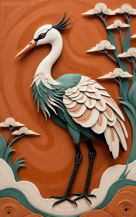 An artwork inspired by the ancient Jomon pottery of Japan, focusing on a stylized depiction of a crane, a revered bird in Japanese culture. The style is characterized by its cord-marked patterns, created by pressing rope into wet clay, a technique used in Jomon pottery. The color scheme is earthy and natural, with shades of terracotta, beige, and muted greens. The crane is simplified and abstract, with emphasis on curvilinear forms and rhythmic patterns that evoke the ancient and organic aesthetics of Jomon art. The background is minimal, allowing the intricate textures and the symbolic representation of the crane to stand out, capturing the essence of this prehistoric Japanese art form.