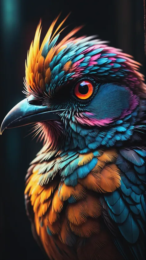 Cyberpunk Bird Portrait Intricate Details, Perfect Composition, High Contrast, Atmospheric, Moody, Raw photo, realistic, cinematic lighting, soft shadows, sharp focus, fractal, colorful, depth of field, best quality, 16k resolution,