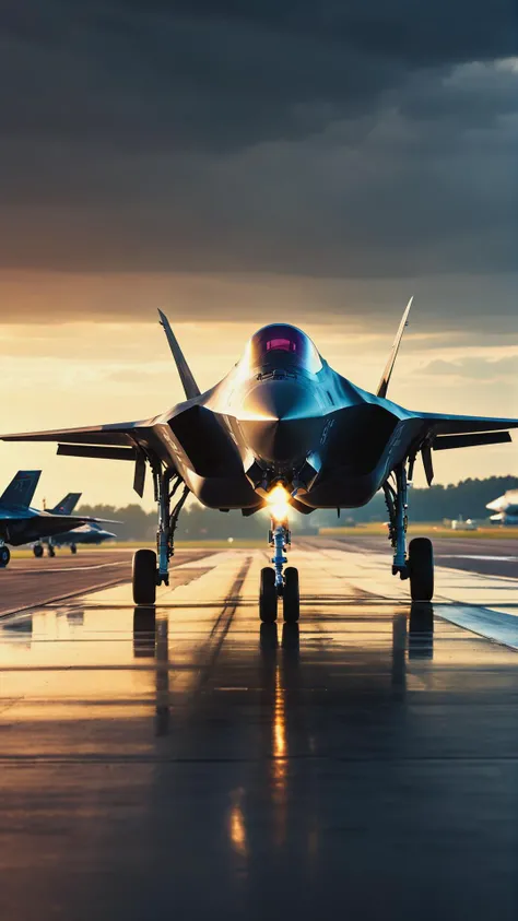 Poster, F-35 on airfield, Perfect Composition, Atmospheric,, Raw photo, realistic, cinematic lighting, soft shadows, sharp focus, fractal, colorful, depth of field, best quality, 16k resolution,
