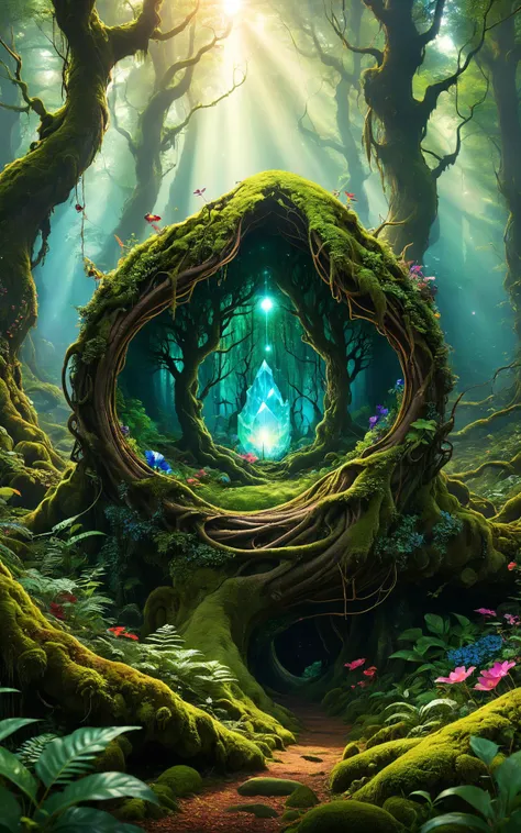 Imagine an enchanting landscape where the central focus is a colossal, radiant crystal, pulsating with a spectrum of vivid colors. It's situated in the heart of a mystical forest, where the trees are twisted into fantastical shapes, and the ground is covered with luminescent moss and otherworldly flora. This mesmerizing image is depicted in a rich and magical digital art style, as if created by the creative mind of Jasper Klimt.