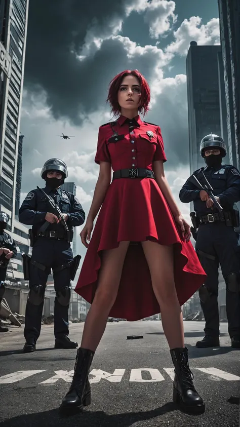 Raw photo, a anarchist emogirl in red dress, standing on knees surrounded by police, aiming, from bottom, street view, sci-fi cotton uniform, poster posing, chrome elements, dystopian cityscape in the background, ominous clouds, deep shadows, sense of urgency and power, fine film grain, realistic, cinematic lighting, soft shadows, sharp focus, fractal, colorful, depth of field, best quality, author antinoice, 16k resolution <lora:add-detail-xl:1>