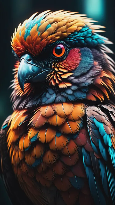 Cyberpunk Bird Portrait Intricate Details, Perfect Composition, High Contrast, Atmospheric, Moody, Raw photo, realistic, cinematic lighting, soft shadows, sharp focus, fractal, colorful, depth of field, best quality, 16k resolution,
