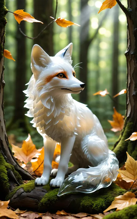 A fox sculpture, crafted from soft white translucent glass, is depicted in a dynamic pose, as if sniffing the air in a real forest setting. The glass fox, with its head tilted and ears perked, blends seamlessly with the fallen leaves and underbrush. Its bushy tail, made of clear glass, appears to flicker with the movement, catching the dappled sunlight as it filters through the trees. This scene, styled in the digital art of Forest Glass Creations, captures the essence of a fox's curiosity and agility, melding glass art with the natural liveliness of the forest.