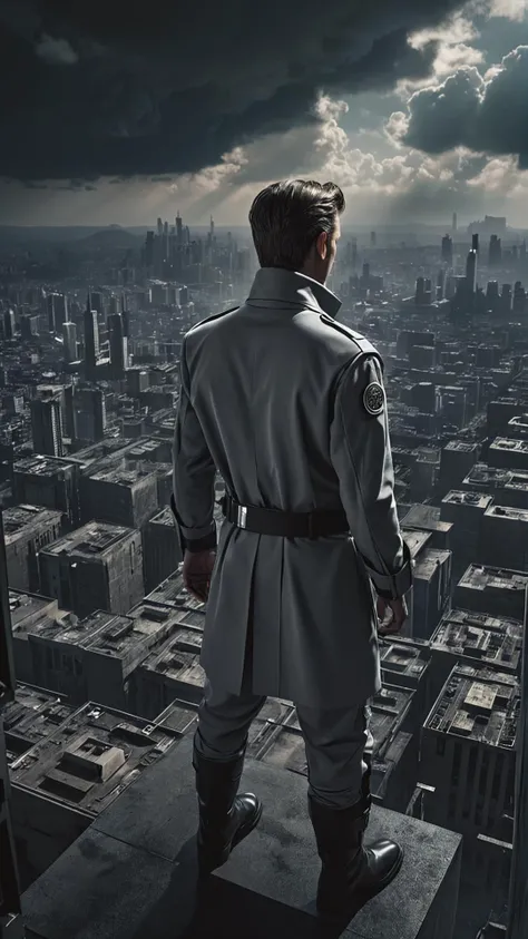 Raw photo, a Demolution man, from above, minimalist style sci-fi gray cotton uniform, poster posing, chrome elements, dystopian cityscape in the background, ominous clouds, deep shadows, sense of urgency and power, fine film grain, realistic, cinematic lighting, soft shadows, sharp focus, fractal, colorful, depth of field, best quality, author antinoice, 16k resolution <lora:add-detail-xl:1>