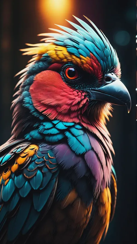 Cyberpunk Bird Portrait Intricate Details, Perfect Composition, High Contrast, Atmospheric, Moody, Raw photo, realistic, cinematic lighting, soft shadows, sharp focus, fractal, colorful, depth of field, best quality, 16k resolution,