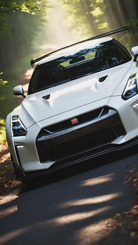 a GTR XU1, white carpaint, forest road, enjoying the sun, sharp focus, cinematic bright lighting, realistic, best quality, rich colors, high resolution