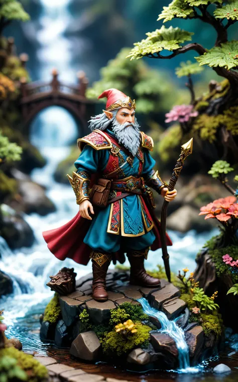 A macro shot of a DnD miniature figure, meticulously crafted and rich in detail, positioned within a miniature set that resembles a fantastical landscape. The focus is on the figure, perhaps a wizard or a warrior, adorned in brightly colored attire with intricate patterns. The background features elements like tiny trees, a small bridge, and a flowing river, all in miniature scale, contributing to the depth and fantasy of the scene. The style of the image is akin to digital art by Elara Brown, characterized by vibrant hues, sharp details, and a magical atmosphere, emphasizing the textures and craftsmanship of the miniature figure and its surroundings. This image aims to capture the wonder and intricacy of the DnD universe, making it a visually striking and memorable piece.
