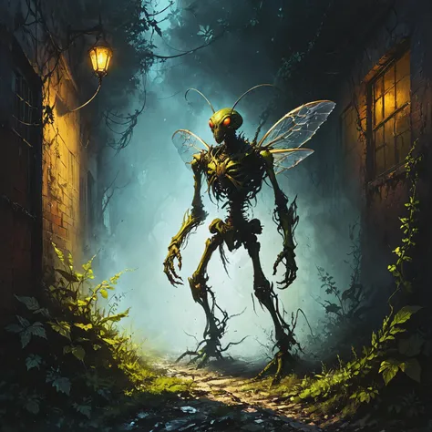 ultra-fine digital painting of a Insectoid exoskeleton with razor appendages in a Gaslit alley with shadows and mystery <lora:xl_more_art-full_v1:0.3>, <lora:EnvyBetterHiresFixXL01:1>, <lora:Desolation:0.7>, <lora:Dreamyvibes artstyle SDXL - Trigger with dreamyvibes artstyle:0.7> Dreamyvibes Artstyle