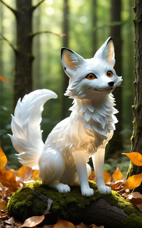 A fox sculpture, crafted from soft white translucent glass, is depicted in a dynamic pose, as if sniffing the air in a real forest setting. The glass fox, with its head tilted and ears perked, blends seamlessly with the fallen leaves and underbrush. Its bushy tail, made of clear glass, appears to flicker with the movement, catching the dappled sunlight as it filters through the trees. This scene, styled in the digital art of Forest Glass Creations, captures the essence of a fox's curiosity and agility, melding glass art with the natural liveliness of the forest.