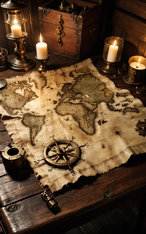 A realistic photo of a well-used pirate's map, spread out on a rough wooden table in the ship's dimly lit cabin. The map, with its faded ink and frayed edges, is weighed down by a small, rusted sextant, and in the background, a flickering candle casts a warm glow, bringing out the intricate details of the map and the aged wood texture of the table.