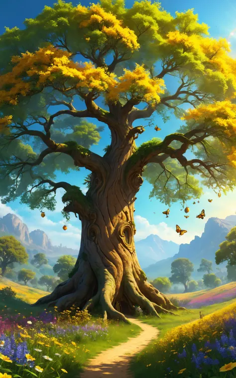 Picture a serene and beautiful scene centered around an ancient, sprawling tree, its branches heavy with golden, glowing fruit. This majestic tree is located in a tranquil, sun-drenched clearing, surrounded by a carpet of colorful wildflowers and softly chirping insects. The scene is depicted in a bright and heartwarming digital art style, as if crafted by the imaginative artist Cora Bellamy.