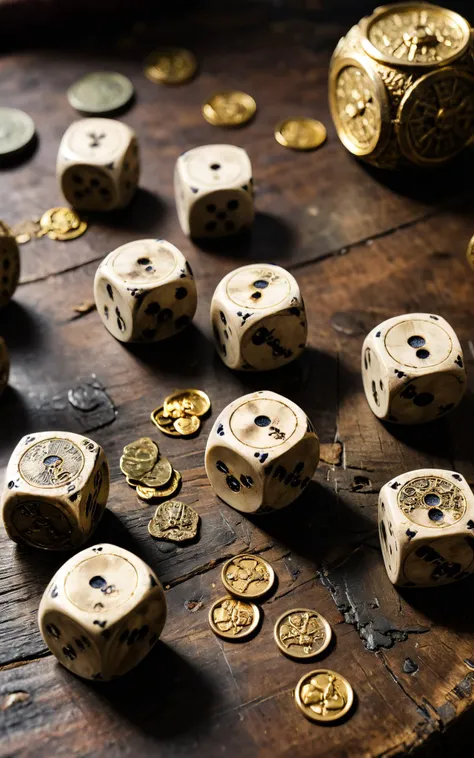 A macro view of a set of pirate's dice and a pile of gold coins on a rough tavern table. The dice, made of bone and weathered from use, are thrown casually beside the coins, which vary in size and design, some bearing the faces of forgotten monarchs. The focus is on the texture of the bone dice, the intricate engravings on the coins, and the contrast between these objects and the scarred wooden table. This scene captures the gambles and fortunes won and lost in the underbelly of pirate society.