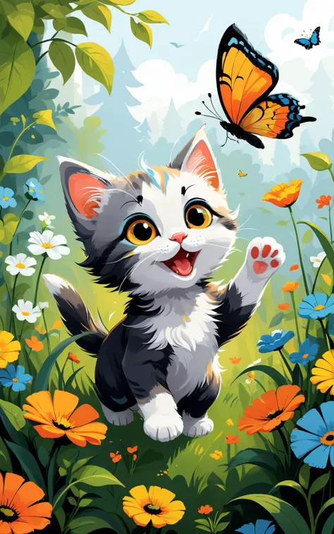 A vector art illustration of a playful kitten chasing a brightly colored butterfly in a garden. Created by digital artist Zara Finch, this artwork is characterized by clean lines, flat colors, and a charming, cartoonish style. The kitten, with its fluffy fur in shades of soft grey and white, exudes cuteness, while the butterfly adds a pop of color in vivid hues of orange, yellow, and blue. The garden background is simplistic yet vibrant, featuring stylized flowers and greenery in rich, saturated colors. This image combines the allure of vector art with the warmth and joy of a whimsical, playful scene.