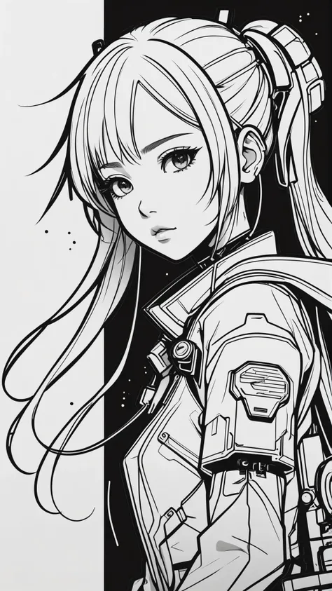 anime line art, an girl, kawaii, cyberpunk, ink paint line art, vector art, thick lines, technical drawing, (line art:1.4), minimalist, masterpiece, black and white,