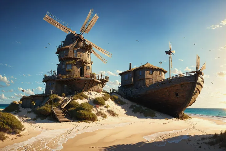 a house made of a boat on a beach with a windmill on top of it and a lot of sand around it, Craig Mullins, concept design art, concept art, sots art, <lora:xl_more_art-full_v1:0.7>, cinematic backlighting, magical deep shadows, ultra-realism