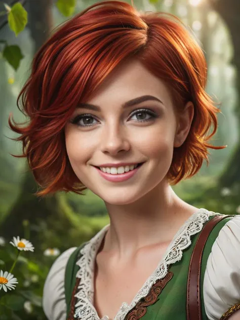 award-winning photography of 1girl, magical, red hair, short pixie cut, smiling, detailed face, eyeliner, irish girl, intricate details, in wonderland, unity, 8k, wallpaper, best quality, masterpiece, realism, raw photo, hyper realistic, sharp focus, sharp details
