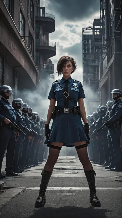 Raw photo, a anarchist emogirl in dress, standing on knees surrounded by police, aiming, from bottom, street view, sci-fi cotton uniform, poster posing, chrome elements, dystopian cityscape in the background, ominous clouds, deep shadows, sense of urgency and power, fine film grain, realistic, cinematic lighting, soft shadows, sharp focus, fractal, colorful, depth of field, best quality, author antinoice, 16k resolution <lora:add-detail-xl:1>