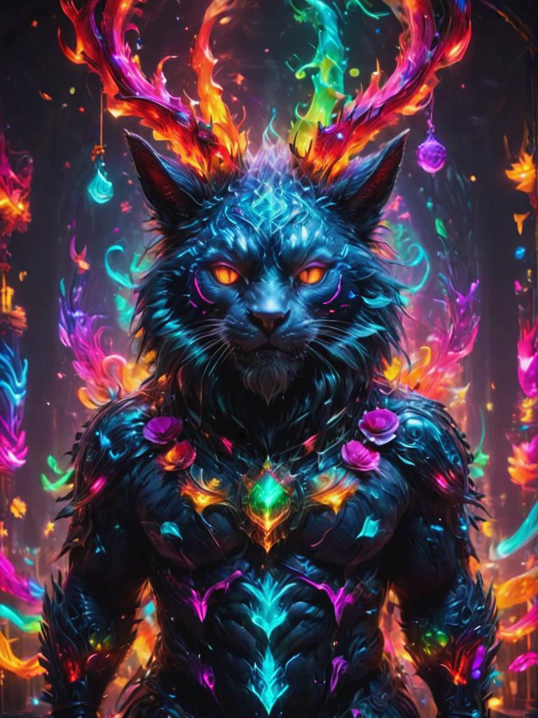 krampus with holiday terror , symbols, intricate details, colorful, abstract, neon, realism, <lora:SDXLFaeTastic2400:0.8>, <lora:rainbowdreamxl:0.6> rainbowdreamxl