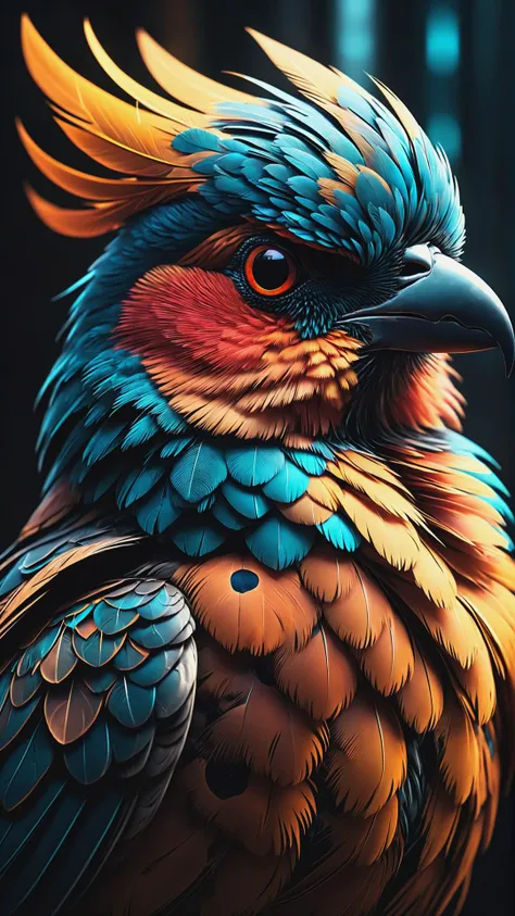 Cyberpunk Bird Portrait Intricate Details, Perfect Composition, High Contrast, Atmospheric, Moody, Raw photo, realistic, cinematic lighting, soft shadows, sharp focus, fractal, colorful, depth of field, best quality, 16k resolution,