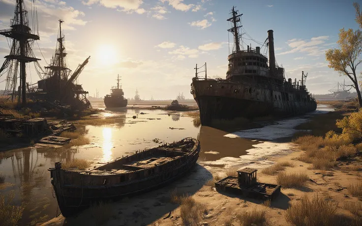 stalker game, reed estuary with abandoned ships, metro exodus, fallout 4, cinematic backlighting, magical deep shadows, ultra-realism