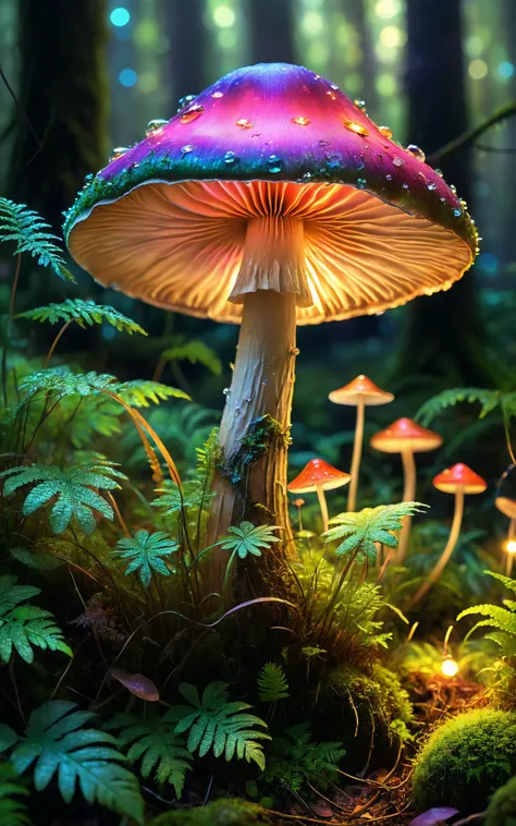 Envision a close-up view of a magical, luminescent mushroom, glowing softly in an array of enchanting colors. It stands tall amidst a small, moss-covered forest floor, surrounded by tiny, twinkling fairy lights and delicate ferns. The image is captured in a vivid and intricate digital art style, reminiscent of the imaginative work of Theo Ardley.