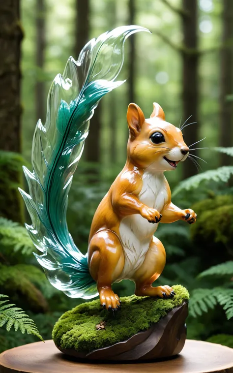 A nimble squirrel sculpture, fashioned from clear, transparent glass, is depicted in mid-leap among a real forest setting. The squirrel's dynamic posture, with its bushy tail and alert eyes, is perfectly captured in glass, creating a lively and realistic portrayal. The sculpture is surrounded by trees and foliage, with the translucency of the glass allowing the natural colors and textures of the forest to shine through, creating a playful and charming scene that brings the forest to life.