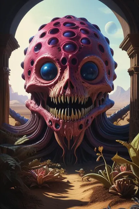 a xeno organism with hundreds of holes and fangs, extraterrestrial planet, colorfully xeno plants, hyperrealism, highly detailed, hdr, masterpiece, vintage fantasy art, cinematic backlighting, magical deep shadows, ultra-realism, raphael, caravaggio, greg rutkowski, beeple, beksinski, giger
