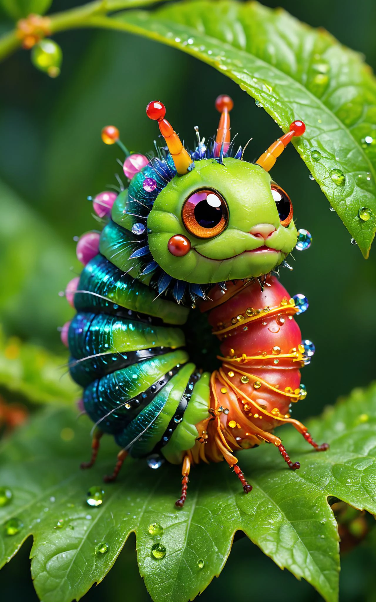 Picture a detailed, macro view of a whimsical, vibrantly colored caterpillar, adorned with patterns of sparkling gems and fine, iridescent hairs. This tiny creature is making its way across a leaf dappled with morning dew, set against the backdrop of a lush, green garden. The scene is rendered in a bold and detailed digital art style, as if through the lens of artist Mia Solano.