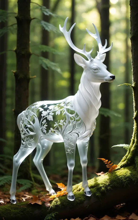 macro, A graceful deer sculpture, crafted from soft white translucent glass, stands serenely in a real forest clearing. The deer's delicate glass form is juxtaposed against the rugged, natural textures of the forest floor, with its hooves seemingly interacting with the soft earth and fallen leaves. Its antlers, an intricate lattice of clear glass, catch the sunlight filtering through the trees, creating a mesmerizing interplay of light and shadow. The scene combines the fragility of glass art with the robustness of the forest, styled in the digital art of Forest Glass Creations, known for their unique fusion of glass sculptures and natural settings.