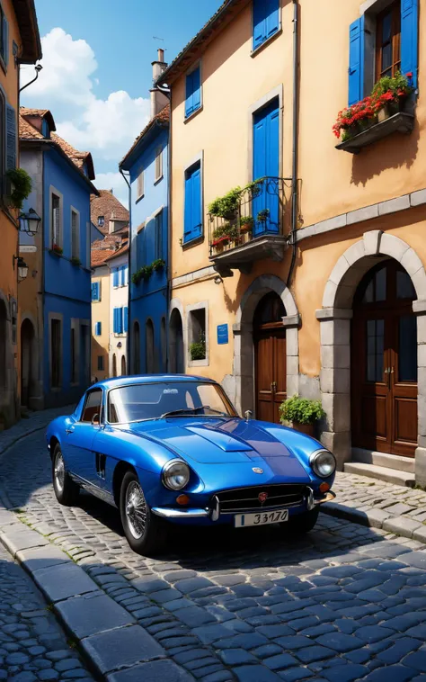 A cobalt blue vintage sports car parked on a narrow, cobblestone street in an old European town. The car's glossy finish reflects the muted colors of the surrounding old buildings, each with a distinct, slightly worn charm. This scene is rendered in the digital art style of Liora Kazan, with a focus on the rich, saturated blue of the car against a desaturated background, highlighting its sleek design and the timeless elegance of the setting.