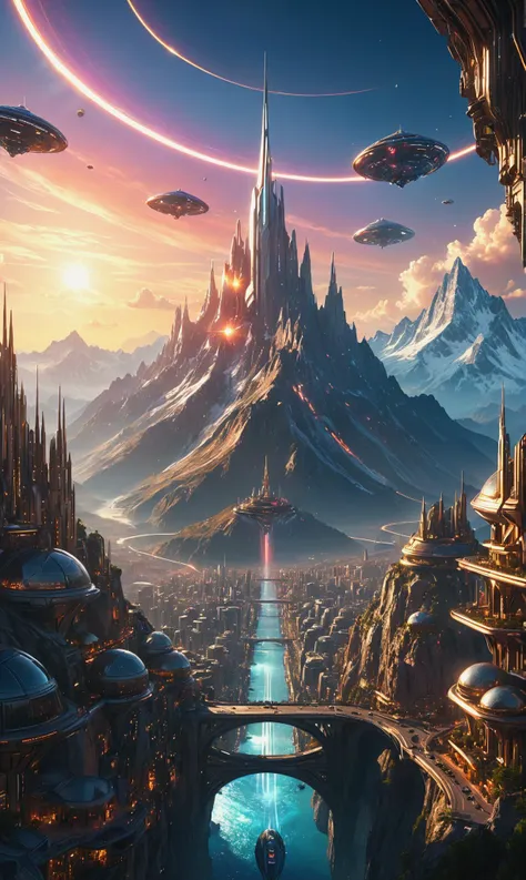 a beautiful ultra detailed matte painting, a mountain range at dusk, a magnificent futuristic city far away, a chrome retro futuristic spaceship flying in the air, by Justin Gerard and Dan Mumford, magic the gathering card, sci-fi scene, ultra wide angle shot, high angle shot, intricate, abstract fractal magic, god rays, hyperdetailed, micro details, volumetric lighting, 8k, ray tracing, lens flare <lora:add-detail-xl:1> <lora:xl_more_art-full_v1:0.3>