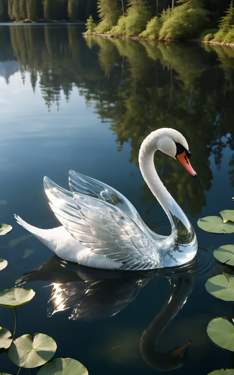 An elegant swan sculpture, shaped from clear, transparent glass, is depicted gliding gracefully on a serene lake. The swan's sleek, elongated neck and subtly raised wings are meticulously crafted, creating a delicate interplay of light and reflection on the water's surface. The tranquility of the lake and the pristine clarity of the glass swan come together to form a scene of peaceful harmony