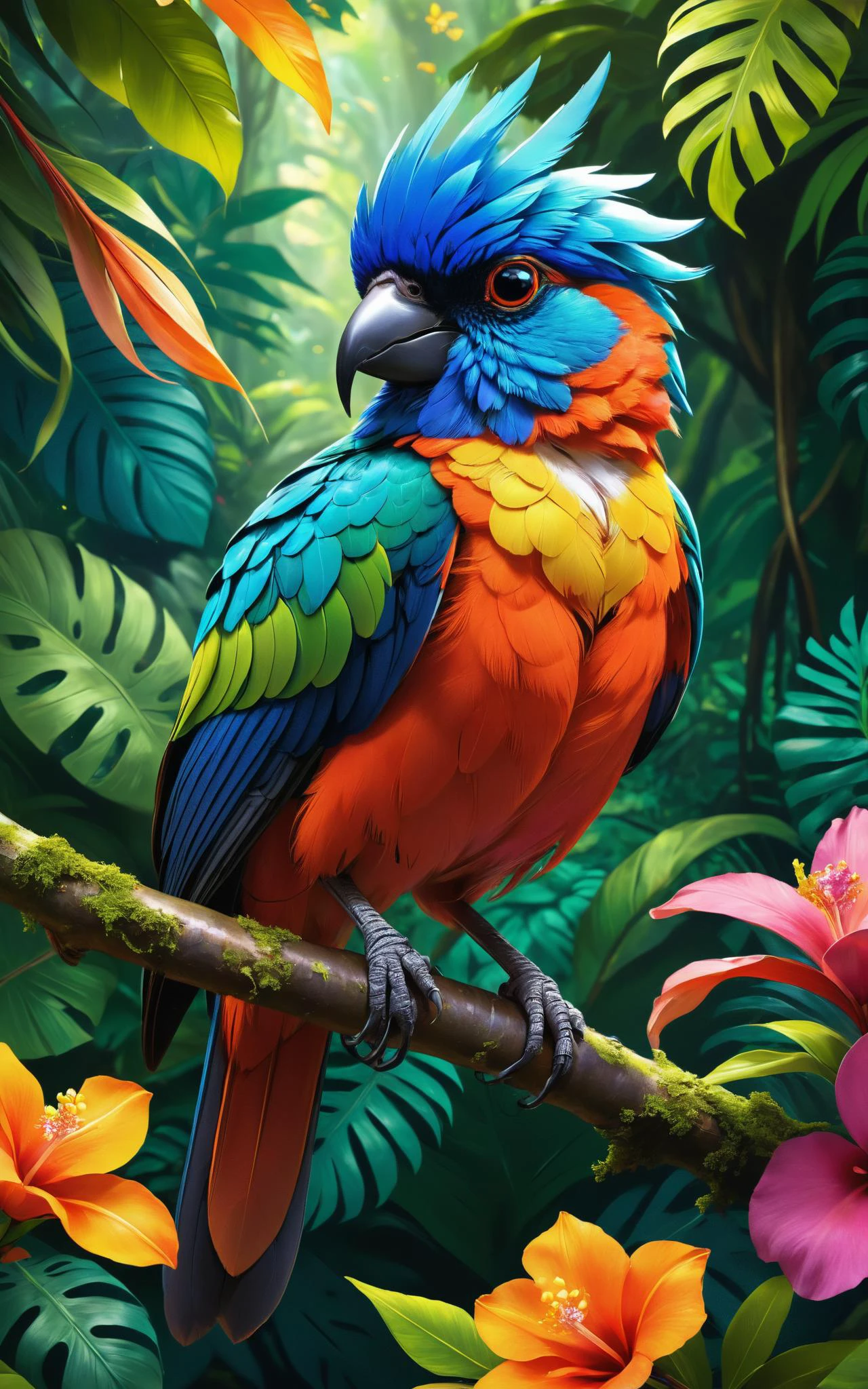 A vibrant, exotic bird perched on a branch in a lush, tropical rainforest, surrounded by vividly colored flowers and foliage. The style is digital art by Elara Mivon, characterized by rich, saturated colors and a slightly surreal, dreamlike quality, enhancing the natural beauty and mystery of the scene. The bird's feathers are a kaleidoscope of colors, shimmering in the dappled sunlight filtering through the canopy above, creating an image that is both captivating and mesmerizing.