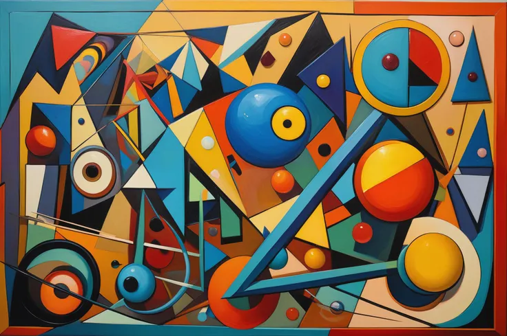 a geometric jumble with subtle connections and amorphous entities, friendly, strange atmosphere, pixar, abstract paint, art 50s, cubism, oil paint classic