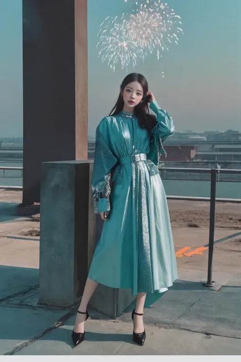 a fashion lookbook portrait of a female fashion model wearing haute couture, experimental, shot on kodak professional medium format film, liminal industrial background in, (smoke|fireworks:1.05), (dawn|dusk:1.05), (spring|summer:1.05), vibrant, Teal, <lora:add_detail(realistic):0.3> <lora:uzaa:0.5>