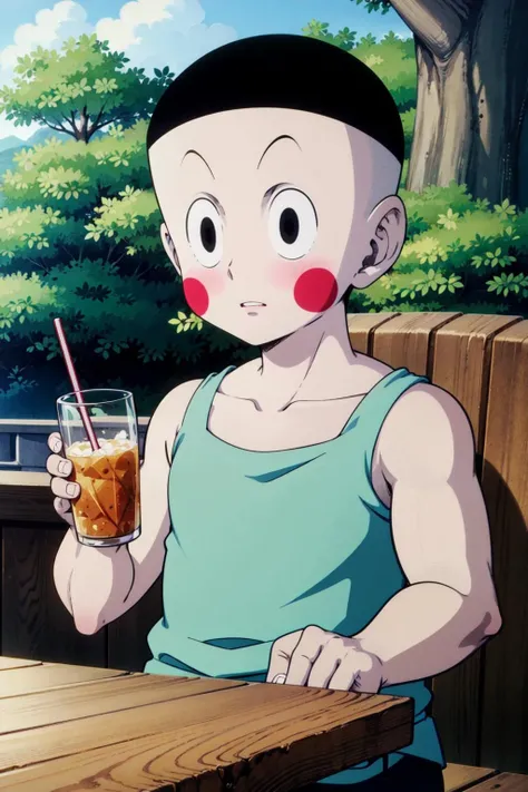 (8k, best quality, masterpiece:1.2), (finely detailed),solo, chaozu,sitting,1boy,drinking, straw, can, tree,black eyes, blush stickers,parted lips