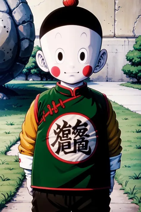(8k, best quality, masterpiece:1.2), (finely detailed),solo, detailed illustration,intricate, upper body,1boy,chinese clothes, green and yellow jacket,black eyes,black pants,black hat, blush stickers, rocky grassfields,standing, light smile,kanji,looking at viewer,(arms at sides), long sleeves