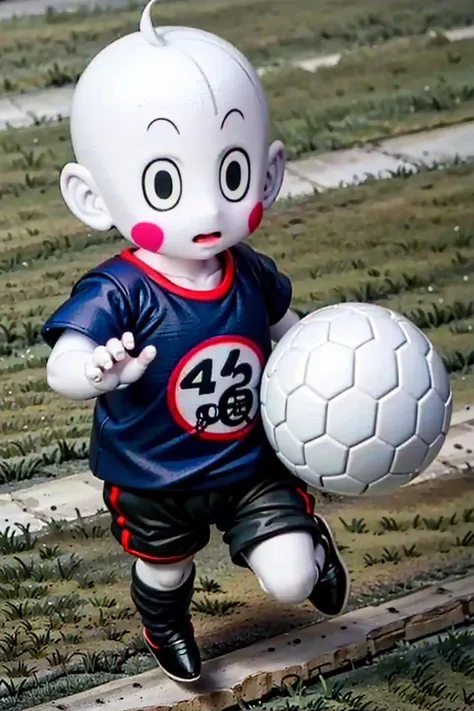 (8k, best quality, masterpiece:1.2), (finely detailed),solo, detailed illustration,intricate, a bald chaozu, black eyes, blue sport shorts,blue t-shirt with a number ,playing soccer, on a grass soccer field, 1boy,white skin, blush stickers, AS-YoungerV2, full body,soccer ball