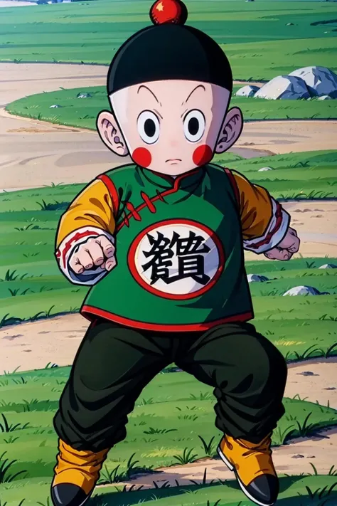 8k, masterpiece, best quality, chaozu, 1boy, black hair, male focus, solo, black eyes, fighting stance,chinese clothes,black hat, (green and yellow jacket), looking at viewer, straight-on, (black pants), black boots,blush stickers, red pom pom \(clothes\),long sleeves, kanji,rocky grassfields