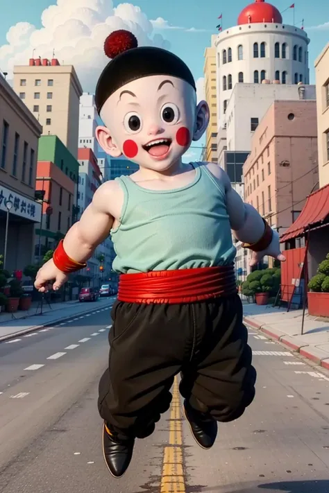 8k,best quality,masterpiece,realistic,1boy, chaozu, black eyes, black hat, light blue tank top, (black pants), black boots, blush stickers, smile, open mouth, flying high in the air, (blue sky), city far in the background,red sash,green wristbands, <lora:hipoly_3dcg_v7-epoch-000012:0.5>, red pom pom \(clothes\)